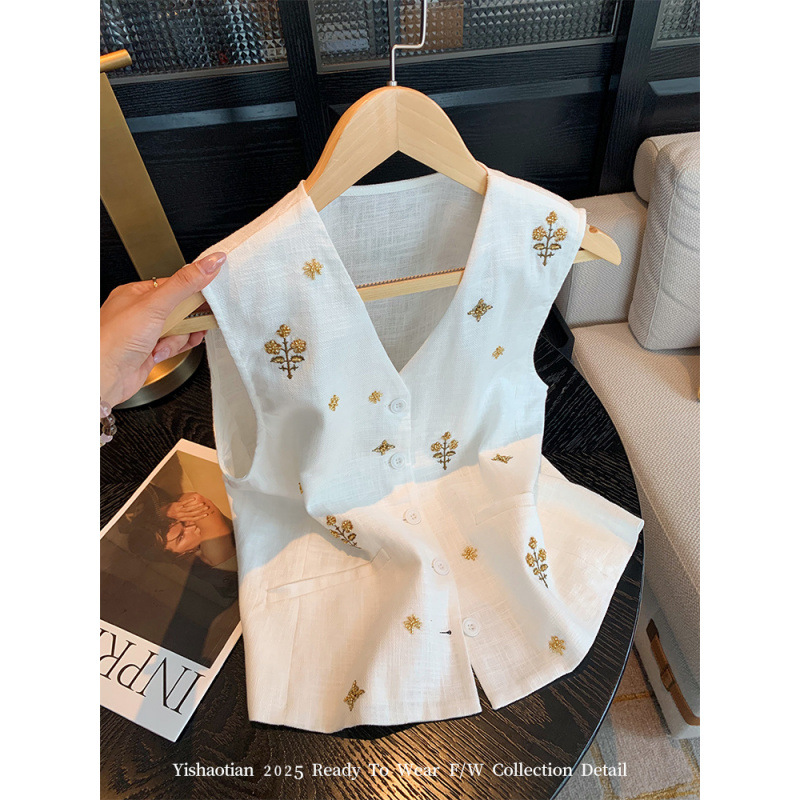 French-Style Beaded Embroidery V-Neck Linen Vest for Women, New Summer Old Money Style, Fashionable Single-Breasted Sleeveless Vest