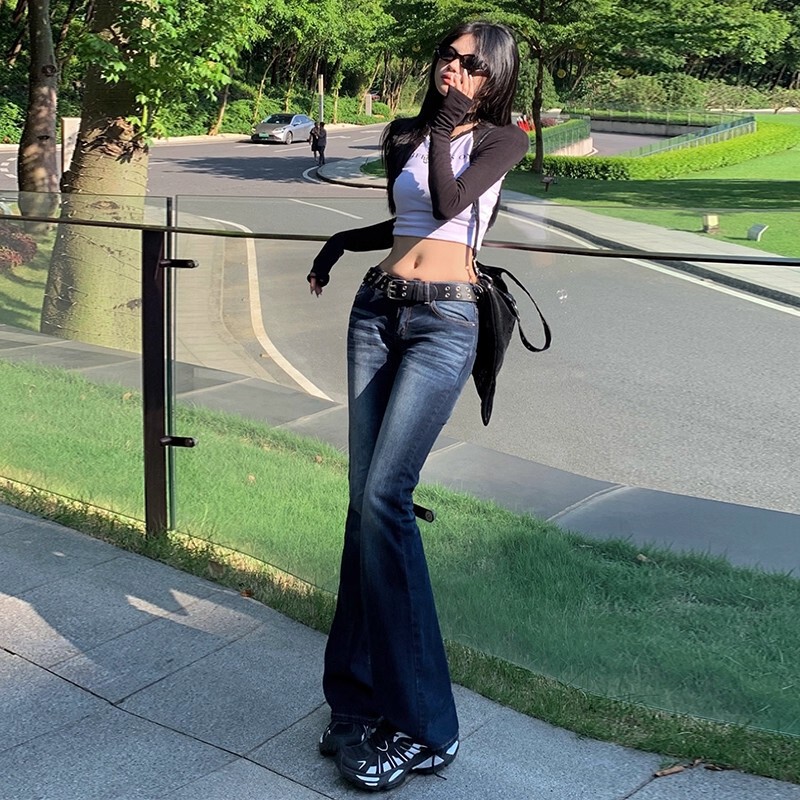 2025 Autumn New Stretch Slim Fit Slimming Horseshoe Pants American Retro Low Waist Hot Girl Micro Flared Jeans for Women