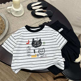 韩版童装男童短袖T恤夏装2025新款洋气宝宝咖色可爱条纹上衣
