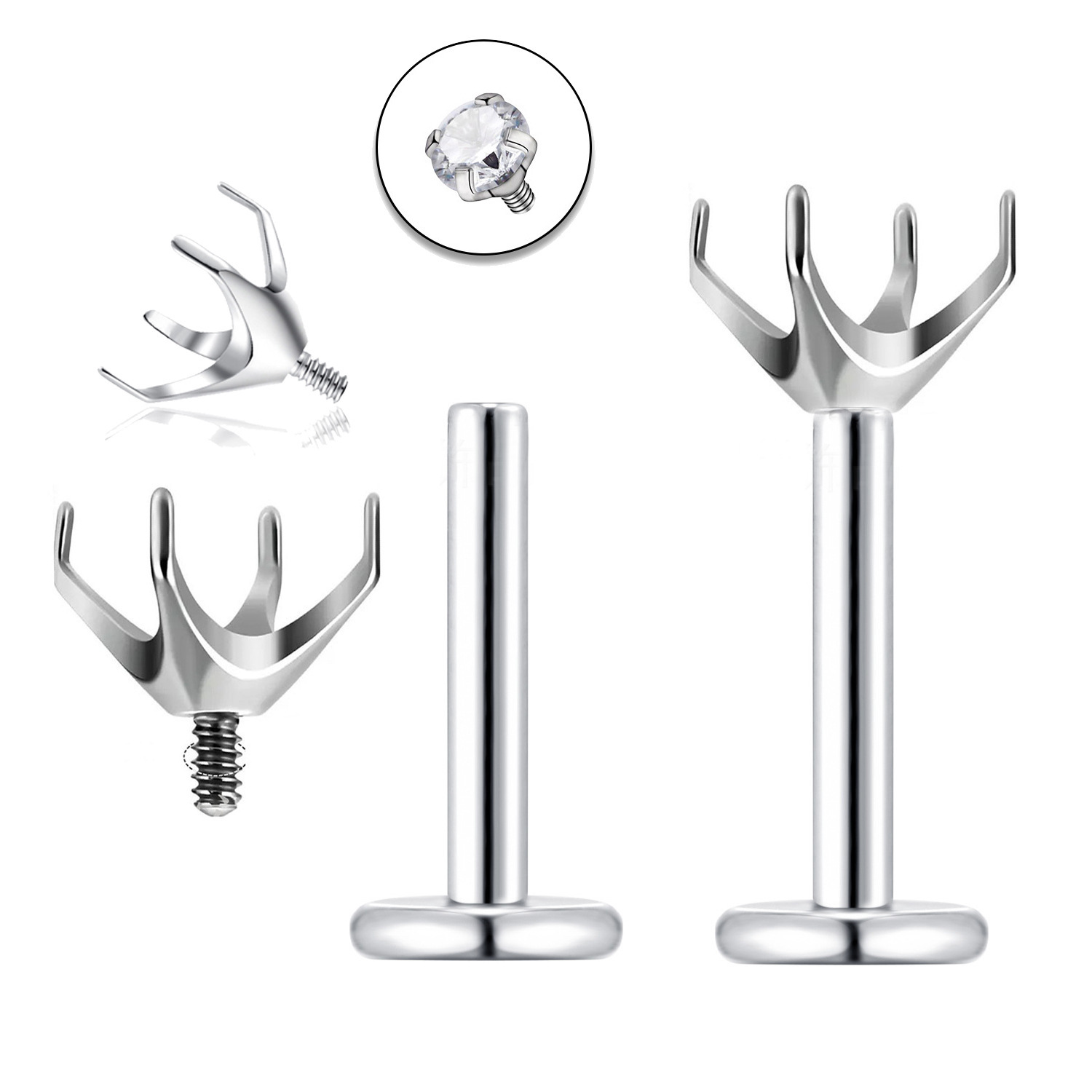 Silver pointed spike labret stud material detail
