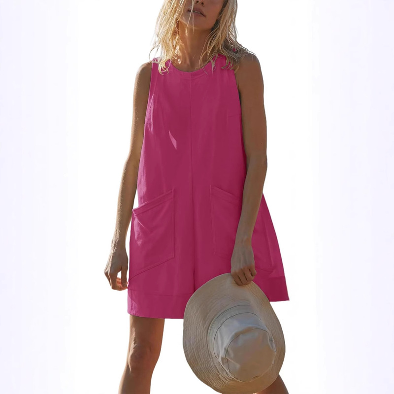 Foreign Trade Women's Summer Casual Jumpsuit Round Neck Elastic One-Piece Sleeveless Short Jumpsuit Workwear High Waist Foreign Trade Women's Summer Casual Jumpsuit Round Neck Elastic One-Piece Sleeveless Short Jumpsuit Workwear High Waist