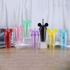 Factory Direct Sale Mickey Mouse Children's Cute Transparent Straw Cup Outdoor Portable Gift Cup Double Layer Plastic Cup Wholesale
