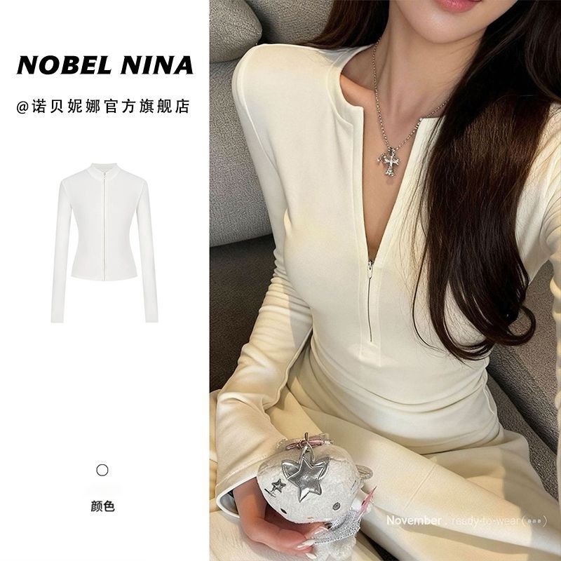 American Style Pure Desire Half-Open Collar Zipper Long-Sleeve T-Shirt for Women 2026 New Brushed Fabric Inner Wear Waist-Cinching Base Shirt Top