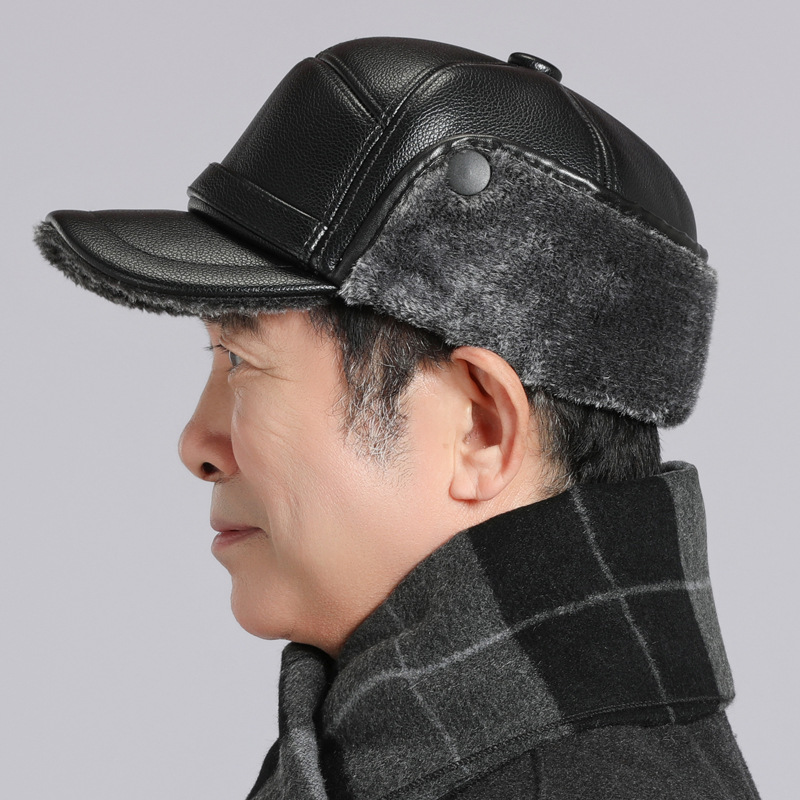 Sombrero para hombres de mediana edad, invierno caliente, papá, abuelo, gorra de cuero, vello grueso a prueba de frío y viento, gorra de lengua de pato para oídos de ancianos