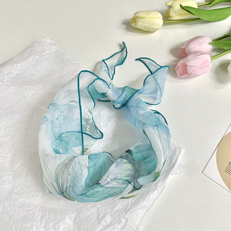 Bufanda triangular, bufanda de seda femenina, sentido de alta calidad, estilo nacional, Hanfu, pañuelo en la cabeza teñido con tinta de tul, cinta para el cabello, serpentinas para el cabello