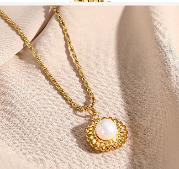 Fashion Round Titanium Steel Pendant Necklace Plating Inlay Pearl Stainless Steel Necklaces_colorza_2