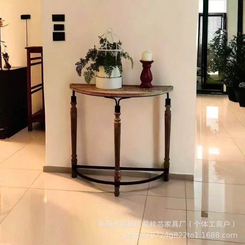 欧美玄关入户半圆桌子铁艺法式复古家用走廊花架客厅靠墙实木装饰|undefined