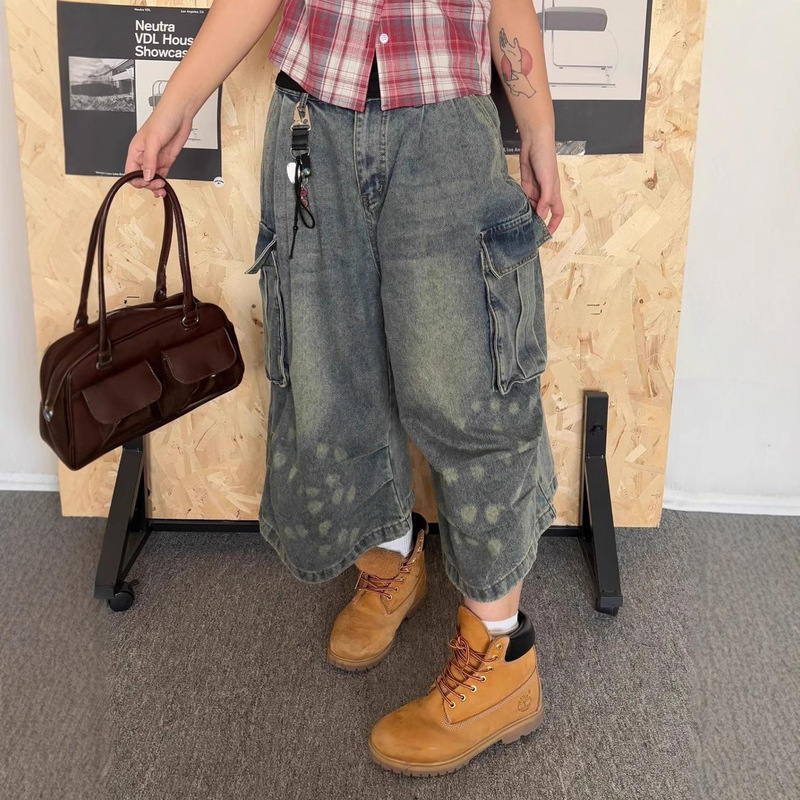 Cross-Border Trendy American Multi-Pocket Cargo Denim Shorts for Men with Pleated Design, Cropped Loose Drape Pants