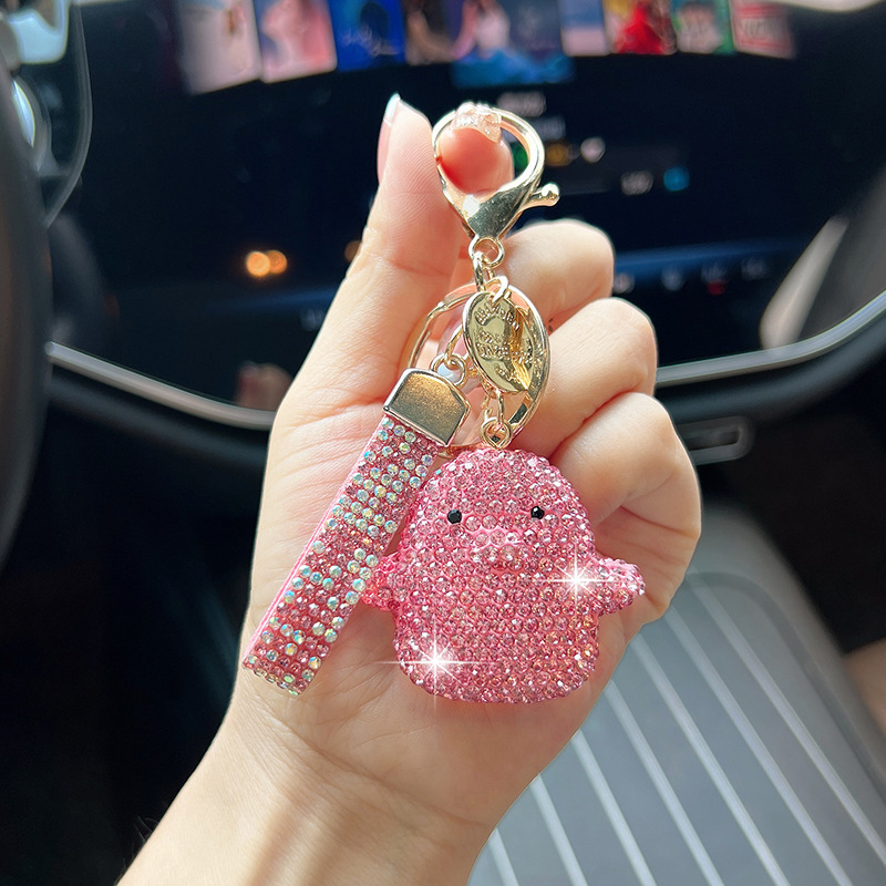 New Niche Cute Sparkling Diamond Clay Chicken Keychain Car Bag Pendant Light Luxury Diamond Animal Key Accessories