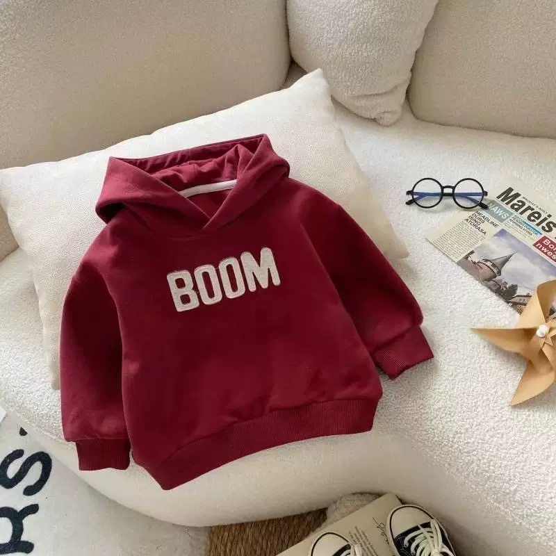 2025亲子装酒红色儿童卫衣新款情侣童字母连帽卫衣潮流洋气长袖衣