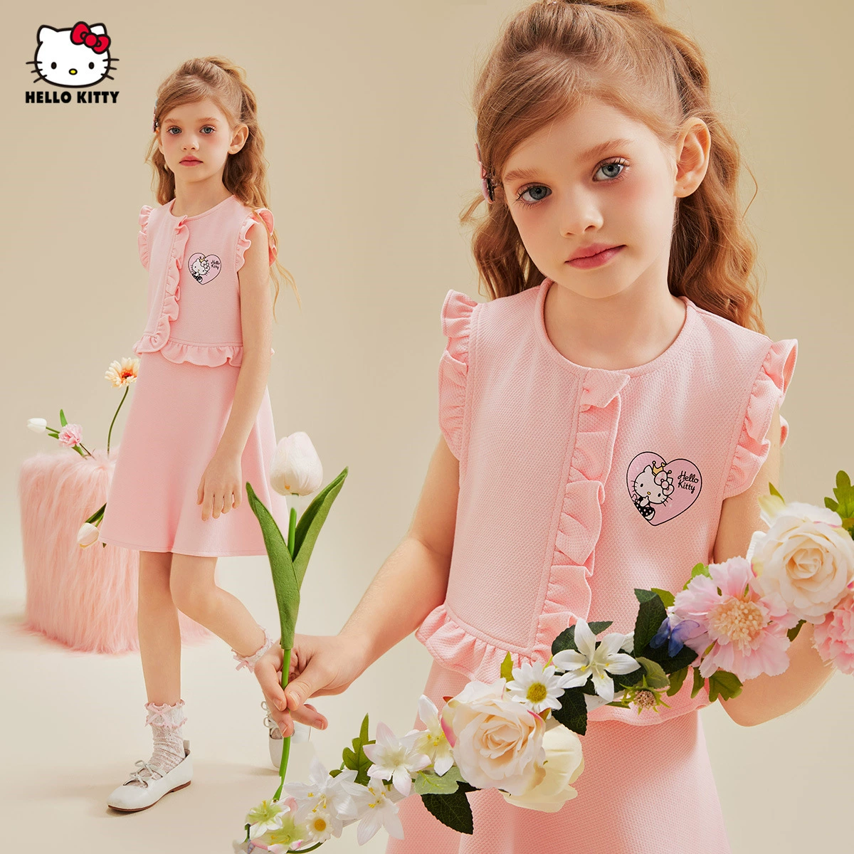 HelloKitty Hello Kitty девушки летнее платье с оборками иностранного стиля 2025 новая юбка для детей