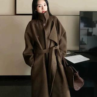 棕色加厚呢子大衣女2026冬季韩系慵懒风小个子立领中长款毛呢外套