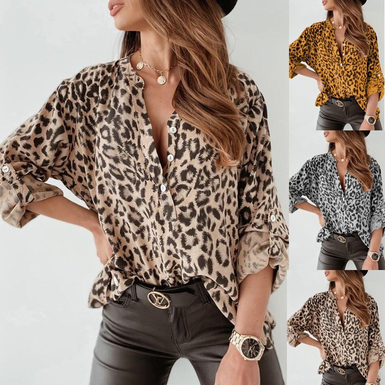 European and American Cross-border Foreign Trade Spring and Autumn Printed Elegant Women's Shirt Long-sleeved Leopard Single-breasted Cardigan Loose Shirt for Women