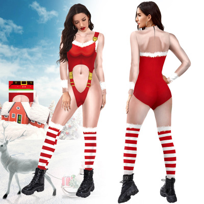 European and American Christmas jazz dance bodysuits New Sexy Ladies Striped Print Carnival santas Cosplay pole hot dance Jumpsuit Costumes