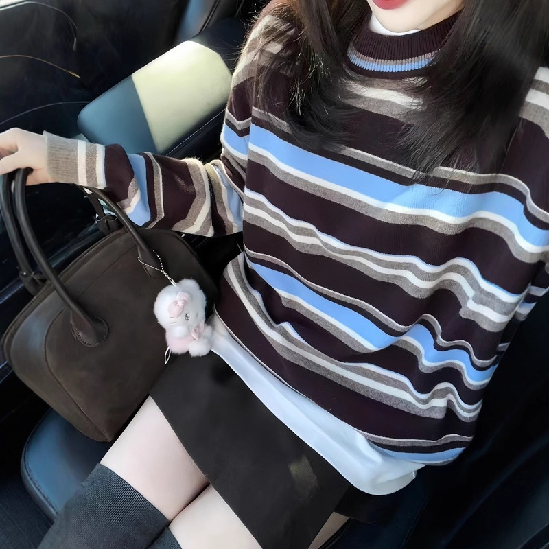 法式复古撞色条纹长袖毛衣女秋季独特超好看设计感宽松针织上衣潮|undefined