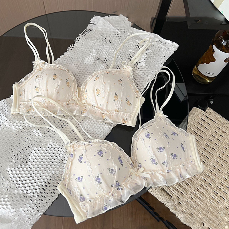 작은 가슴을 위한 새로운 꽃무늬 레이스 삼각 컵 속옷, 플랫 가슴 푸시업, 빈 컵 없음, 아름다운 등, 통기성 푸시업 순수 욕망 브라