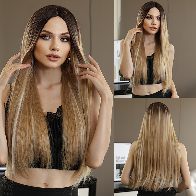 Cross-Border Exclusive European and American Wig for Women, Middle-Parted Long Straight Hair, Black Gradient Brown Gold Chemical Fiber High-Temperature Full Wig