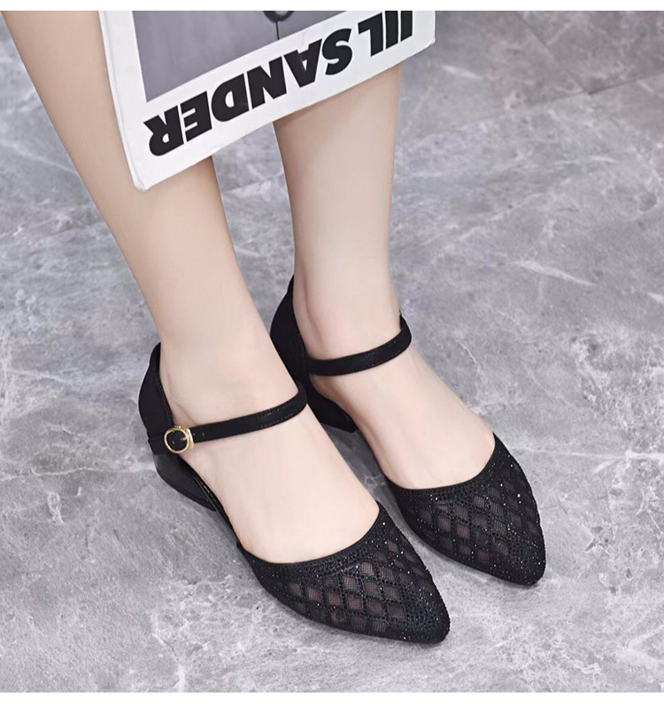 Sandal bít mũi lưới nữ gót thấp mũi nhọn thời trang rỗng khí chất — Màu đen chi tiết 14