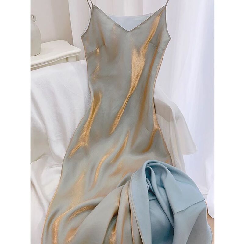 Women's Moonlight Song French Elegant dress Smooth Line Draping Slip Dress V-Neck Fishtail Dress Dress