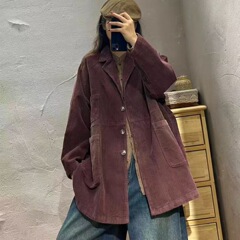 炒色灯芯绒外套女 2025秋新款复古宽松西装领中长款上衣  24137