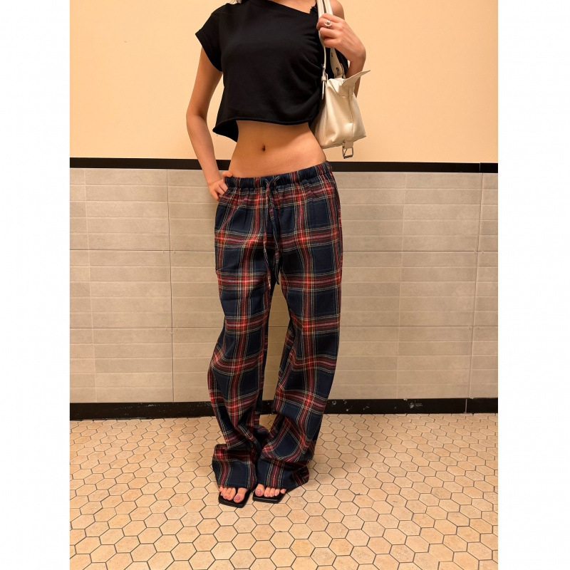 American retro plaid color-blocked casual straight-leg pants for men and women, loose and versatile, with drawstring and floor-length design 2026 American retro plaid color-blocked casual straight-leg pants for men and women, loose and versatile, with drawstring and floor-length design 2026