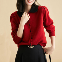 復古紅色翻領羊毛針織開衫女秋冬新款高級感氣質毛衣外套減齡上衣