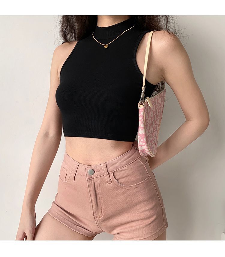 84g Weight Short Sleeve Sleeve Length Polyester Fabric Type Short Top Length Wrap Crop Top Tops Type Holiday Occasion High Neck Neckline Slim Fit Type Solid Color Pattern Summer, Autumn Season Women's Gender Casual Style Wholesale Women's Casual Solid Color Short Sleeve Tank Tops 11