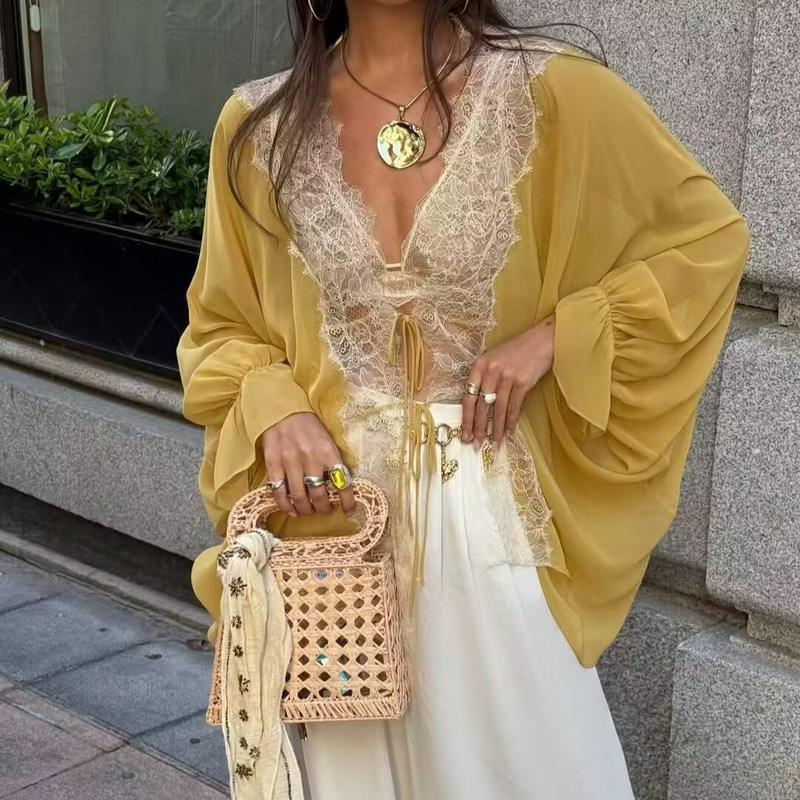 Cross-Border Foreign Trade Women's Clothing 2026 Summer New European and American Style Fashion Series Long-Sleeved Asymmetrical Transparent Lace Shirt