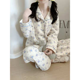 跨境专供外贸女士秋冬新款加厚夹丝棉花朵长袖长裤家居服睡衣套装