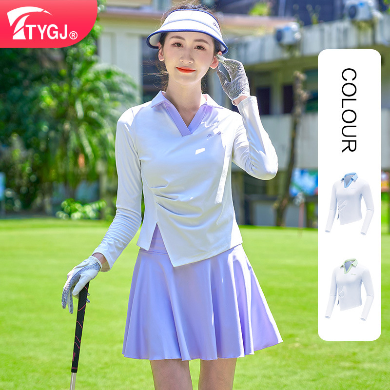 TTYGJ Golf Women's Spring and Autumn New elastic long-sleeved T-shirt women's shirt V-neck slimming sports uniform