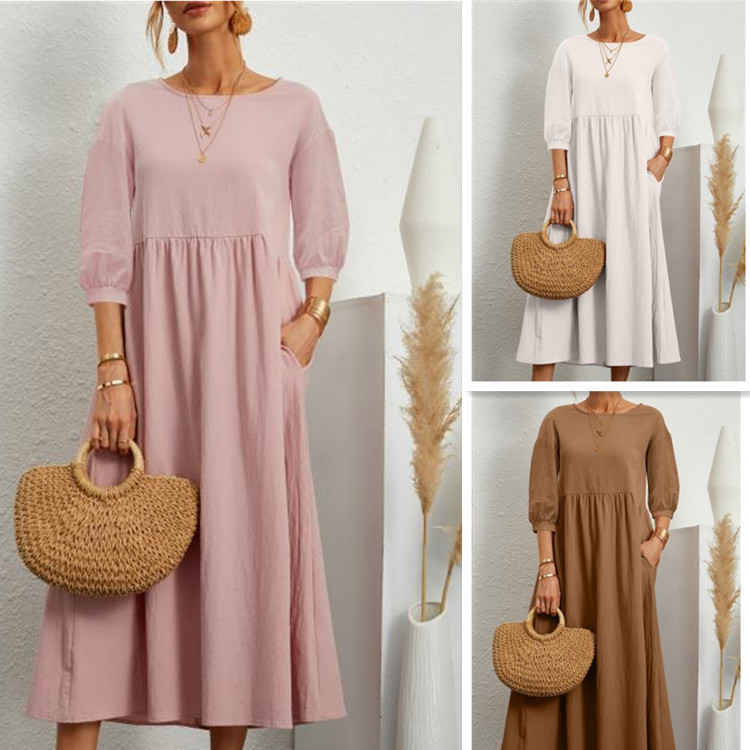 2022 New Women's Casual Solid Color Fashion Lantern Sleeve Loose Cotton and Linen Pocket Dress Ready in Stock