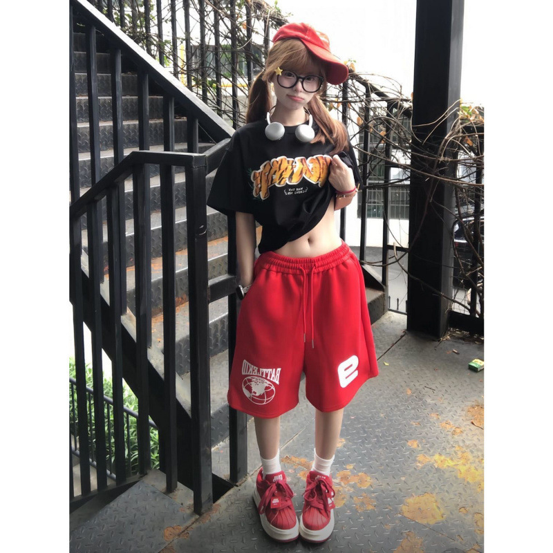 American Retro Letter Print Casual Shorts, Unisex, New Summer Style, Wide-Leg, Versatile Drawstring Couple's Five-Point Shorts