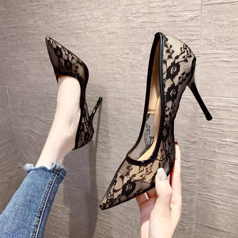 Mesh Lace Cheongsam High Heels Summer Black Sexy Hollow Mesh Breathable Thin Heel Fashion Shoes Women's Night Shop Shoes