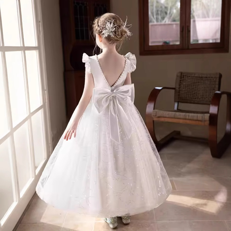 New Girls' Formal Princess French Style Small Flutter Sleeves Puffy Tulle Stage Piano Performance Long Dress_voghion.com