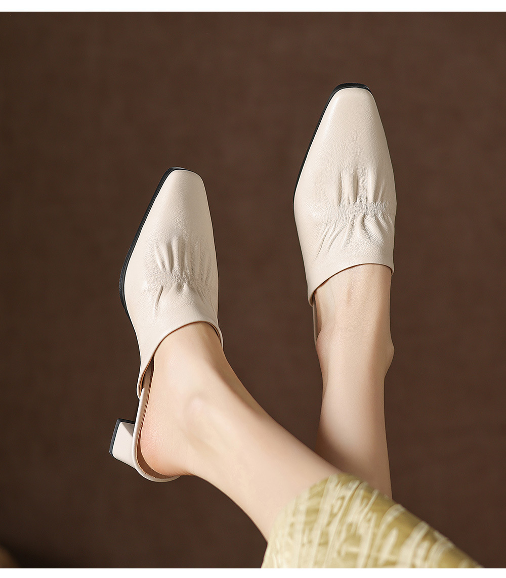 Sandal nữ bít mũi hở gót cao gót thô 5 cm, da bò mùa xuân hè — đen chi tiết 5