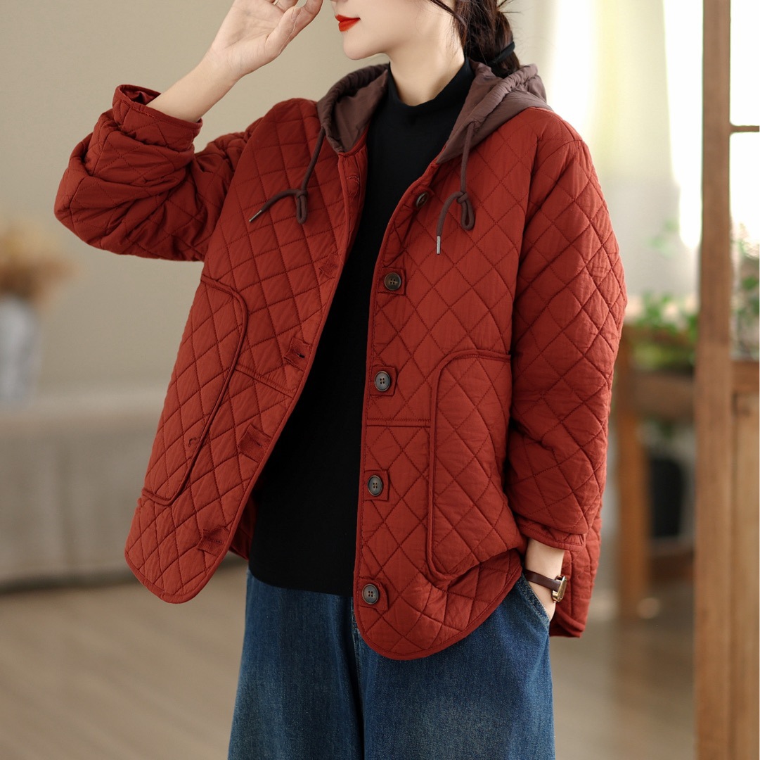 连帽拼色棉衣 2025冬季新款 复古文艺菱格保暖短外套棉服女61070