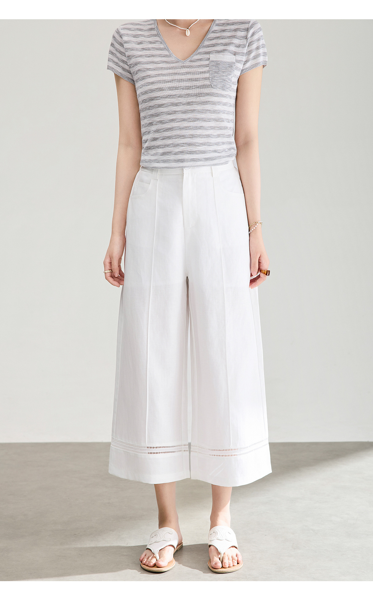 Quần culottes nữ ống rộng dáng dài 9 phần, chất liệu sợi gai dầu mỏng nhẹ mùa hè — màu xanh navy chi tiết 16