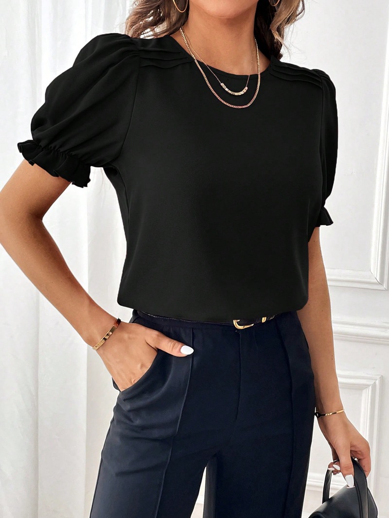 203g Weight Short Sleeve Sleeve Length Pullovers Placket Type Bishop Sleeve Sleeve Type Polyester Fabric Type Regular Top Length Blouse Tops Type Daily Occasion Round Neck Neckline Regular Fit Fit Type Solid Color Pattern Summer, Spring Season Women's Gender Elegant, Streetwear Style Wholesale Women's Elegant Streetwear Solid Color Short Sleeve Blouses 5