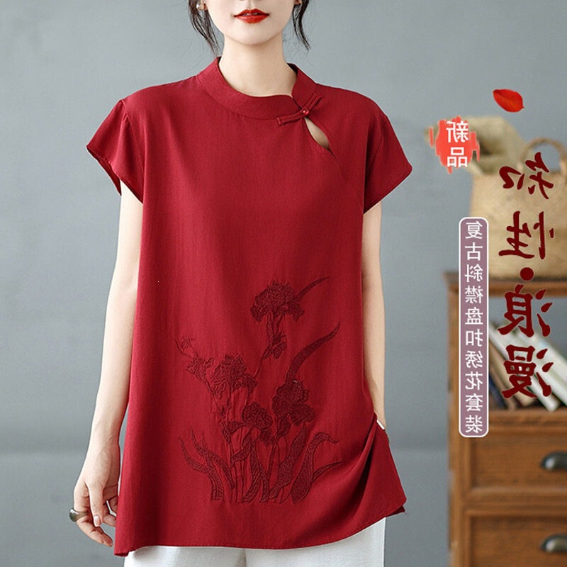 Embroidered Short-Sleeve Buttoned Mid-Length Cheongsam Summer 2026 Linen Top Shirt Dress for Middle-Aged and Elderly Women