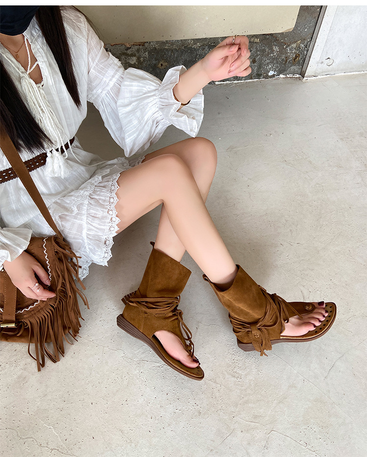 Dép sandal xỏ ngón bohemian đế bệt quai tua rua phong cách La Mã — Màu caramel, màu kaki chi tiết 14