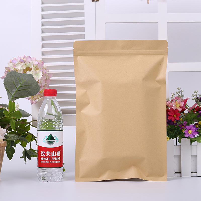 Bolsa ziplock de papel kraft al contado del fabricante, bolsa sellada de embalaje de plástico aluminizado interior de fondo plano, impresión de bolsa de papel kraft