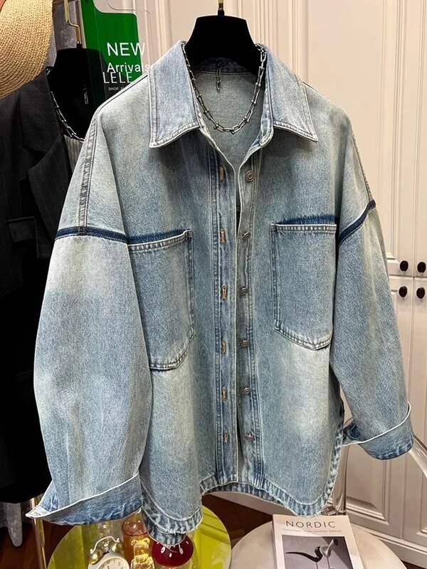 Vintage Versatile Washed Denim Jacket with a Distressed Look, Autumn Design, Oversized Loose Fit, Polo Collar Casual Jacket Top