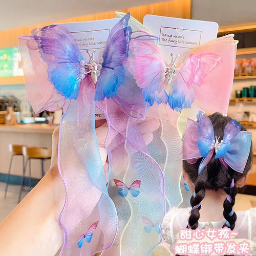 Moving butterfly mesh streamer hairpin  new bow children's hairpin headdress girls clip hair accessories