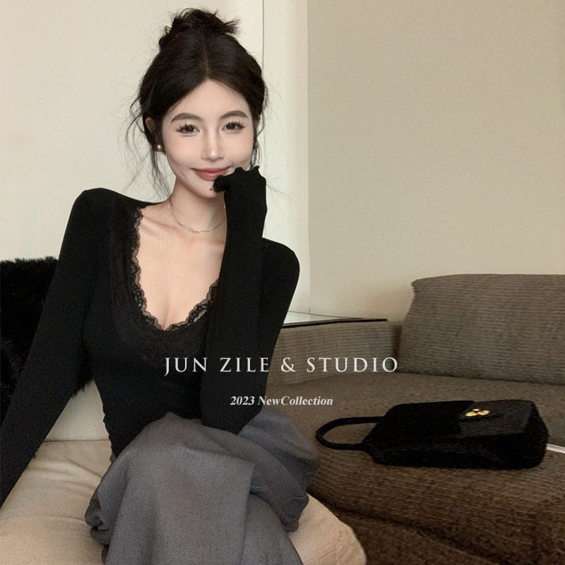 Qicheng Gentle Breasts Big Waist Thin Lace Collar Long-Sleeved Bottoming Shirt for Women with Elastic V Neck Autumn T-Shirt 2025 New Style
