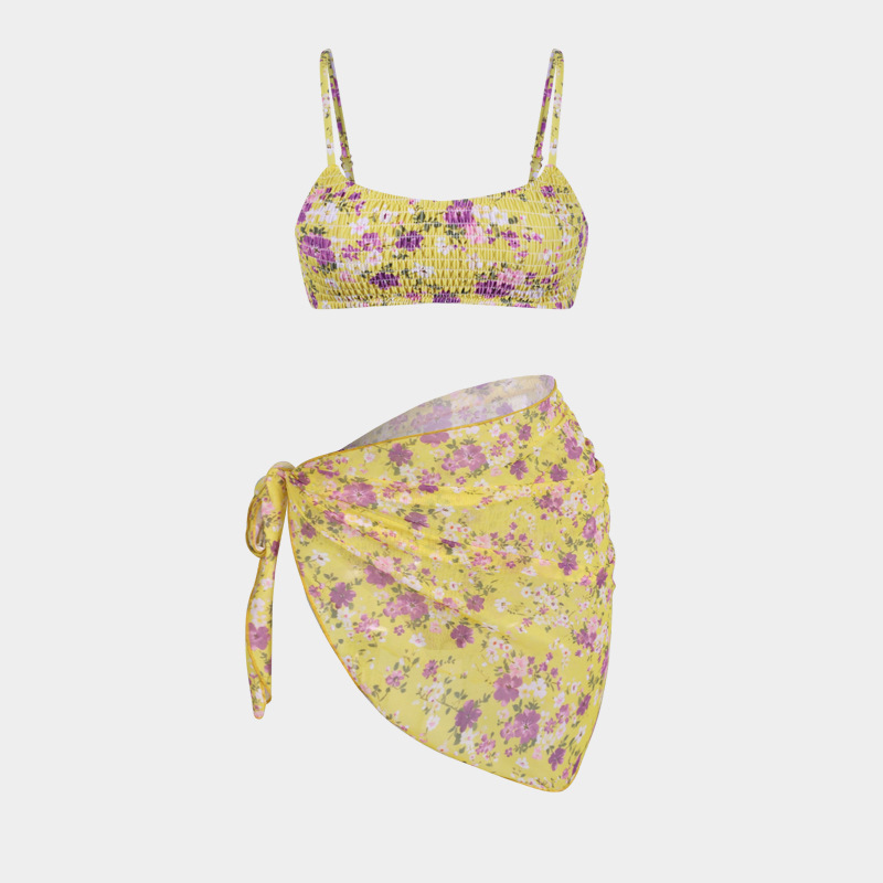 Women's Split Bikini Three-piece Swimsuit Floral Beach Wrap Set_voghion.com