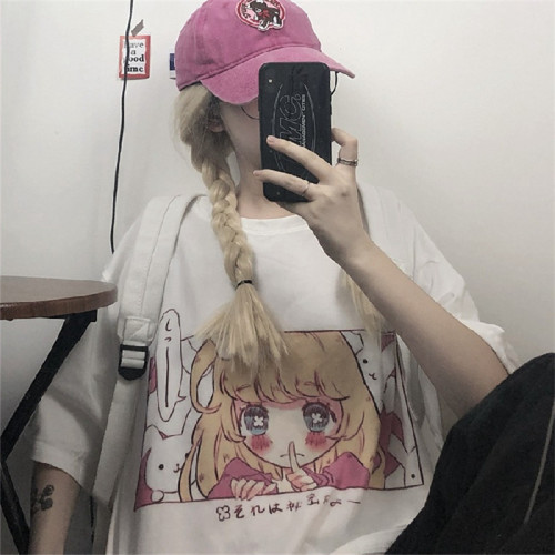 White Short Sleeve T-Shirt for Women - Summer 2025, Korean Version, Ins Japanese Cartoon Style, Loose Half Sleeve Top, Trendy