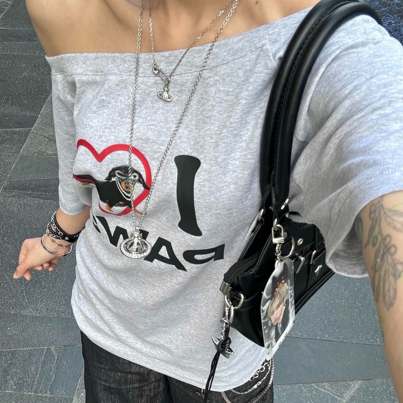 Sweet Hot Girl 斜め肩ワンラインカラー半袖 T シャツ女性用夏の愛の子犬プリントデザインルーズ痩身トップ|undefined