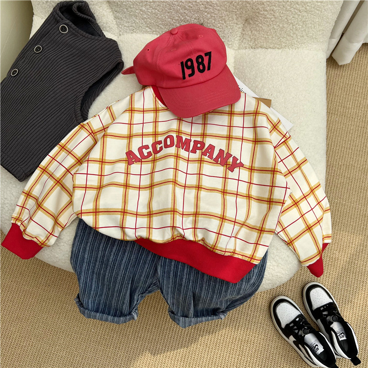 Felpa con cappuccio a quadri stampata per bambini 2024, un nuovo prodotto autunnale dalla Corea del Sud, con scollo rotondo dai colori vivaci_voghion.com