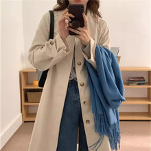 实拍2024秋冬韩版女式宽松中长款简约纯色风衣外套女 2色现货