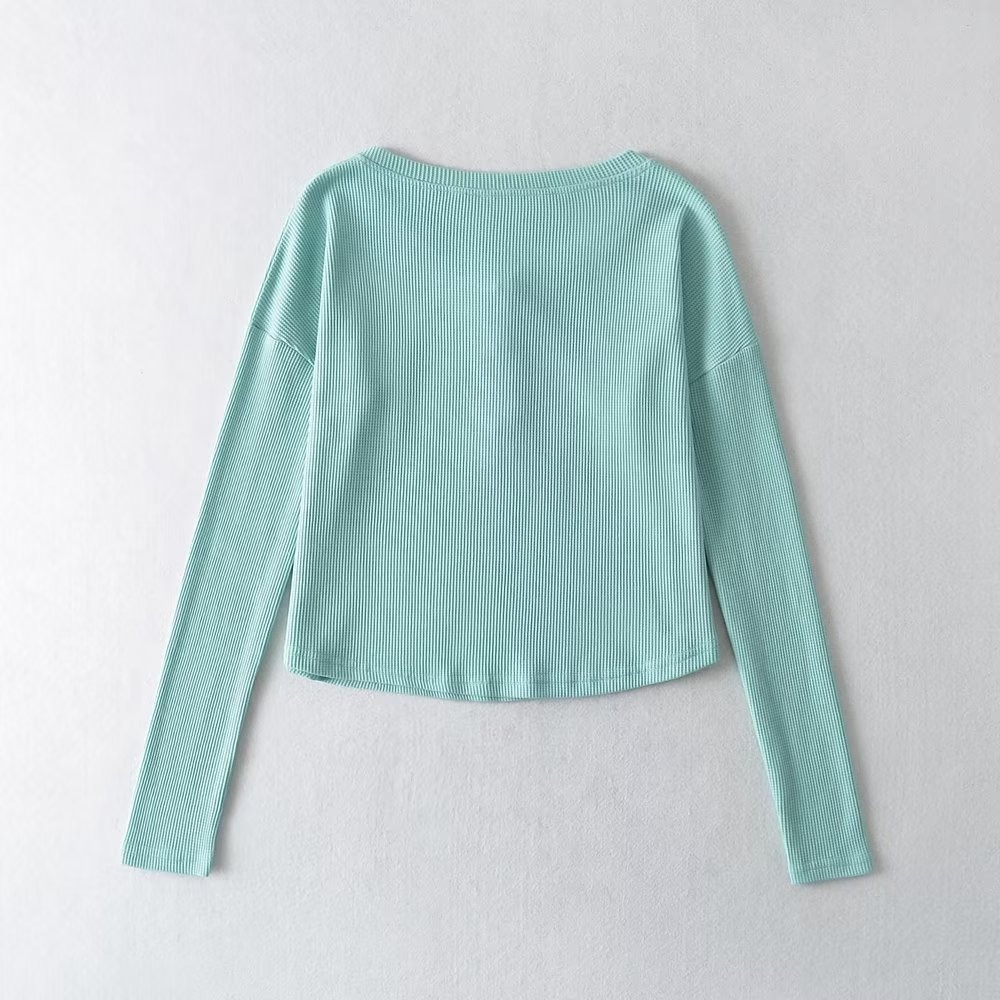 solid color Long Sleeve Round Neck Slim Waffle Loose Cropped T-shirt NSXDX137526